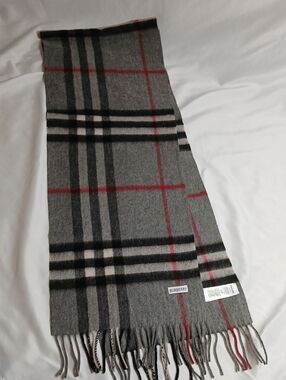 Burberry Gray Plaid Scarf with Black and Red Stripes